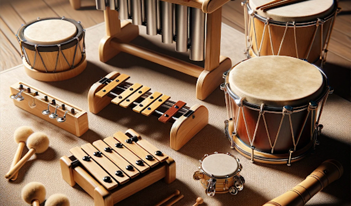 Various musical instruments arranged on a table - a collection of instruments for a music toy