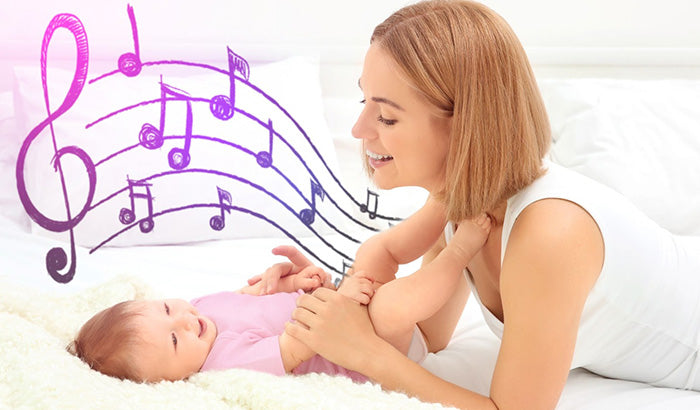 A woman with a baby on a bed surrounded by music notes symbolizes classical music's impact on child brain development