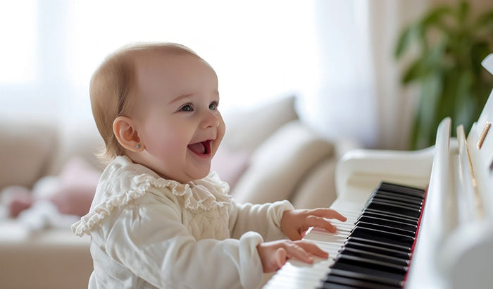 A baby playing the piano in a living room surrounded by musical stuffed animals, bears, and toys.