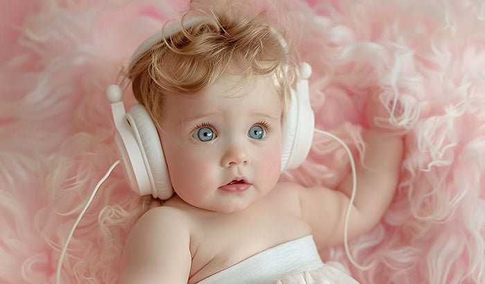 A baby wearing headphones smiles against a pink background, surrounded by classical musical toys and playful musical bears.