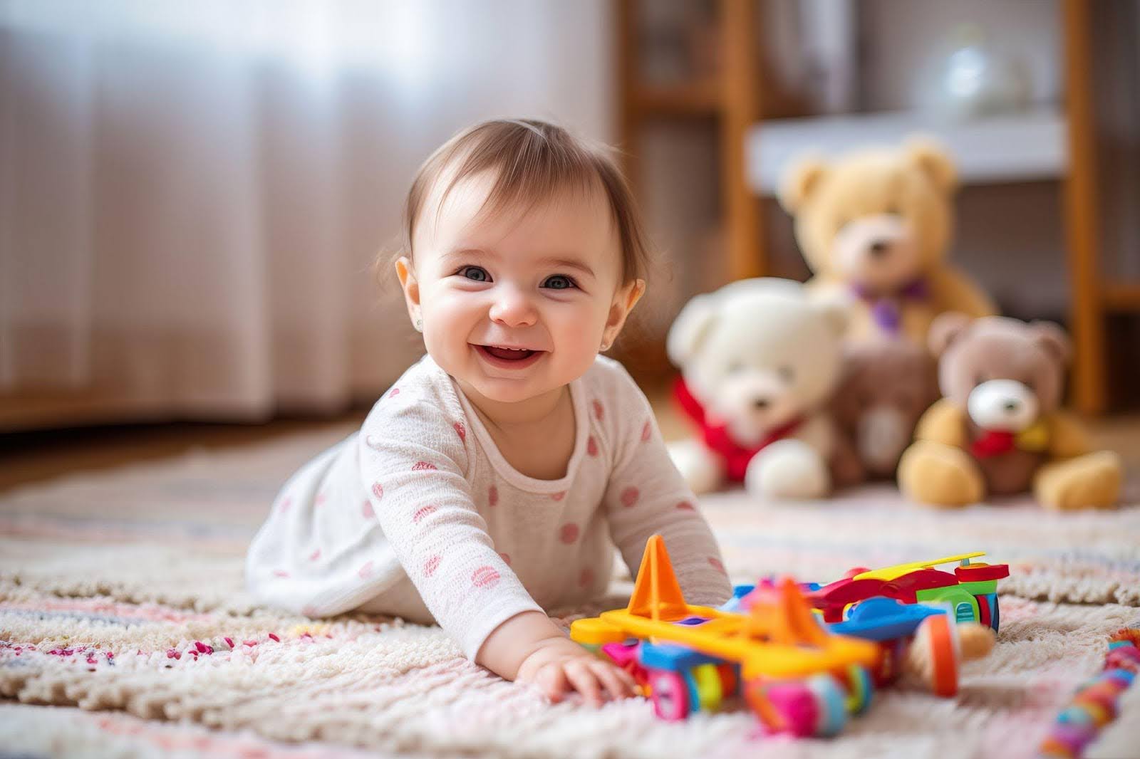 A baby joyfully plays with colorful toys on a soft rug, surrounded by a cheerful atmosphere