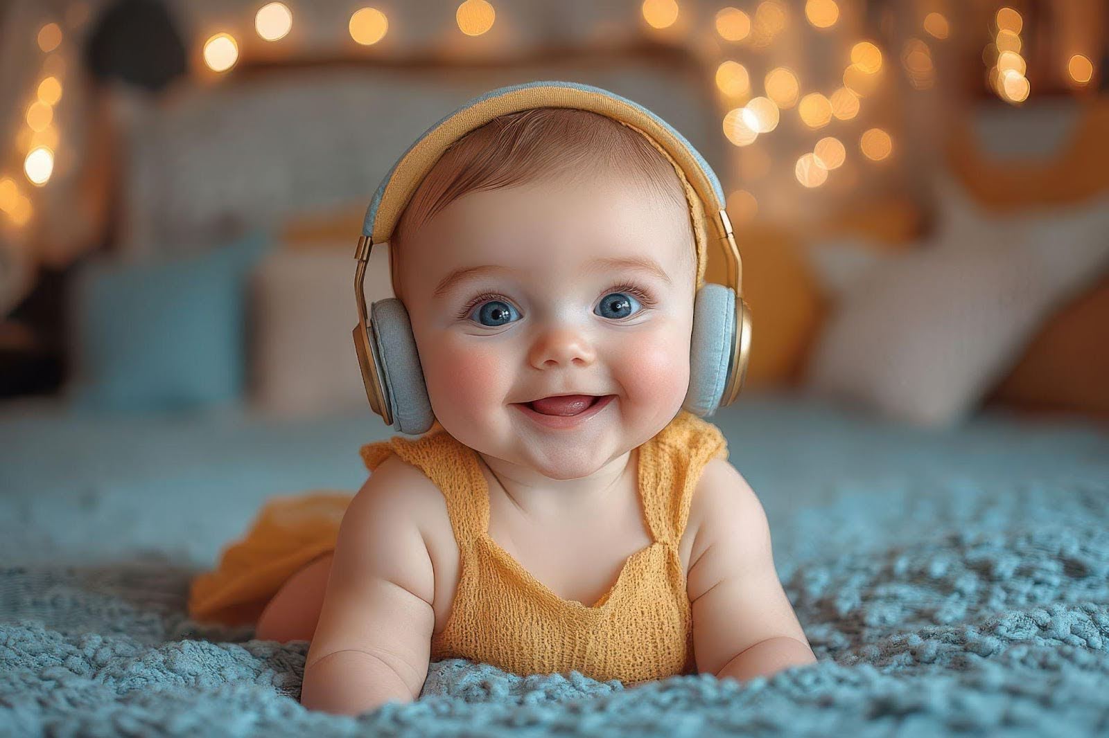 A serene baby lying on a bed, adorned with large headphones, enjoying a moment of tranquility