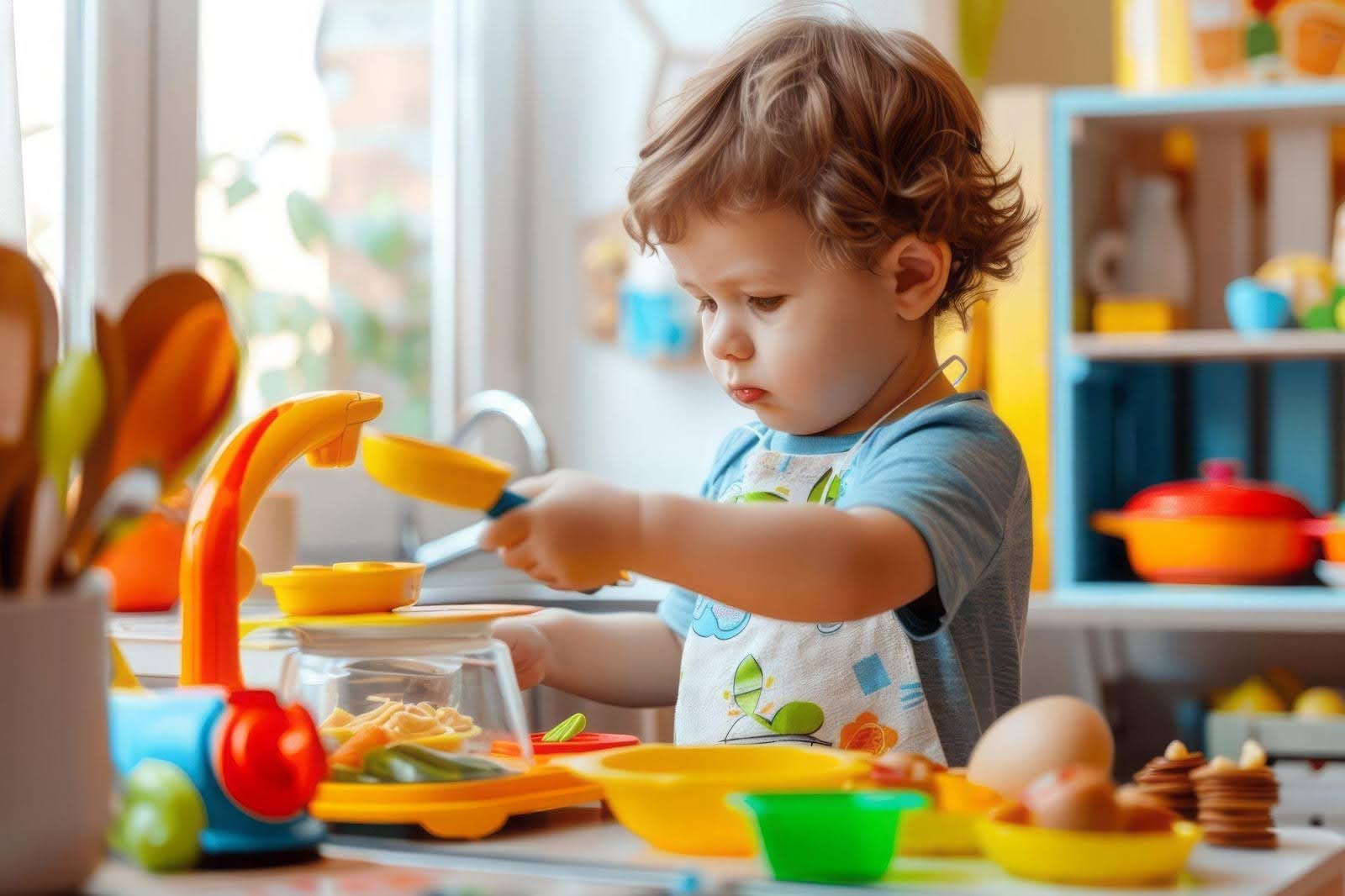 A young child creatively playing with toys in a bright kitchen