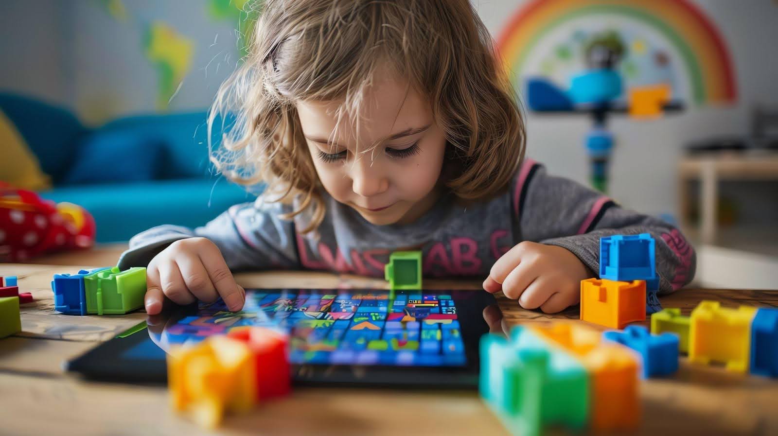 A young girl joyfully plays with colorful blocks on a tablet, showcasing her creativity