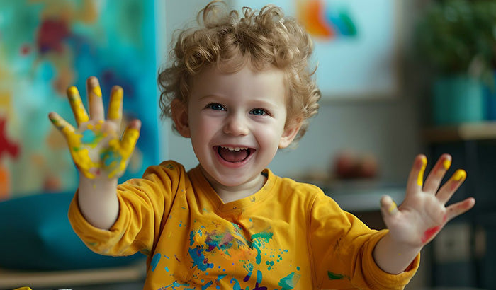 a child with hands painted in bright colors, playing with music toys during creative play